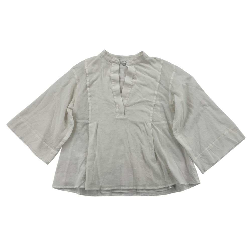 Vince Popover Blouse Womens Small White Fair Split Neck 3/4 Wide Sleeve